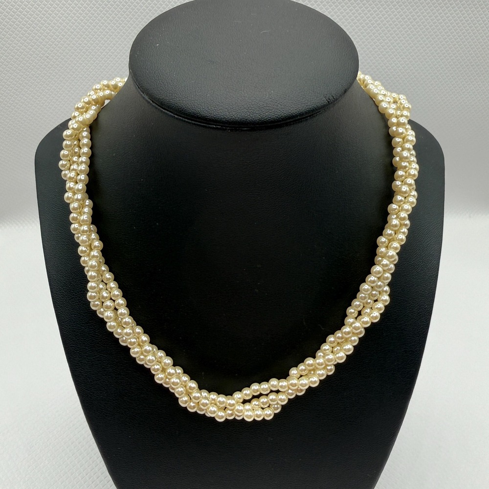 Vintage Twist Multi Strand Faux Pearl 13" Necklace w/ Gold Tone Plug Clasp